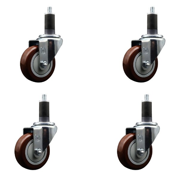3.5'' Maroon Poly Wheel Swivel 1-1/4'' Expanding Stem Caster Set, 4PK